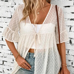 Women Summer Polka Dot Mesh Bell Sleeve Loose Blouse With Front Tied Ribbon